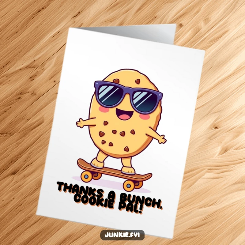 Funny Free Printable Thank You Card: A cheerful kawaii cookie character wearing sunglasses rides a skateboard, saying thanks.