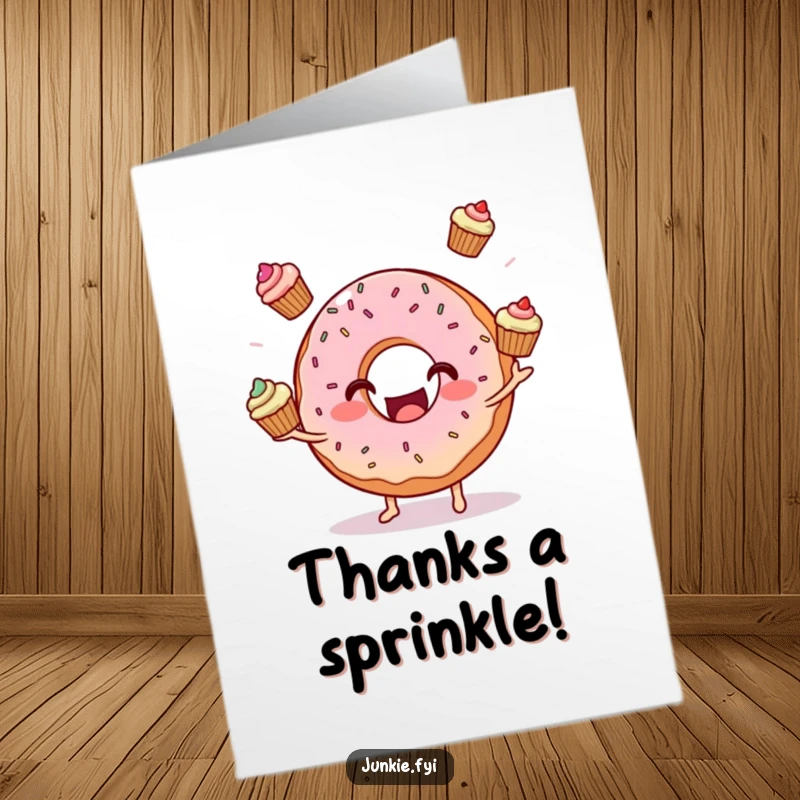 Funny free printable thank you card with a happy donut character juggling cupcakes and sprinkles.