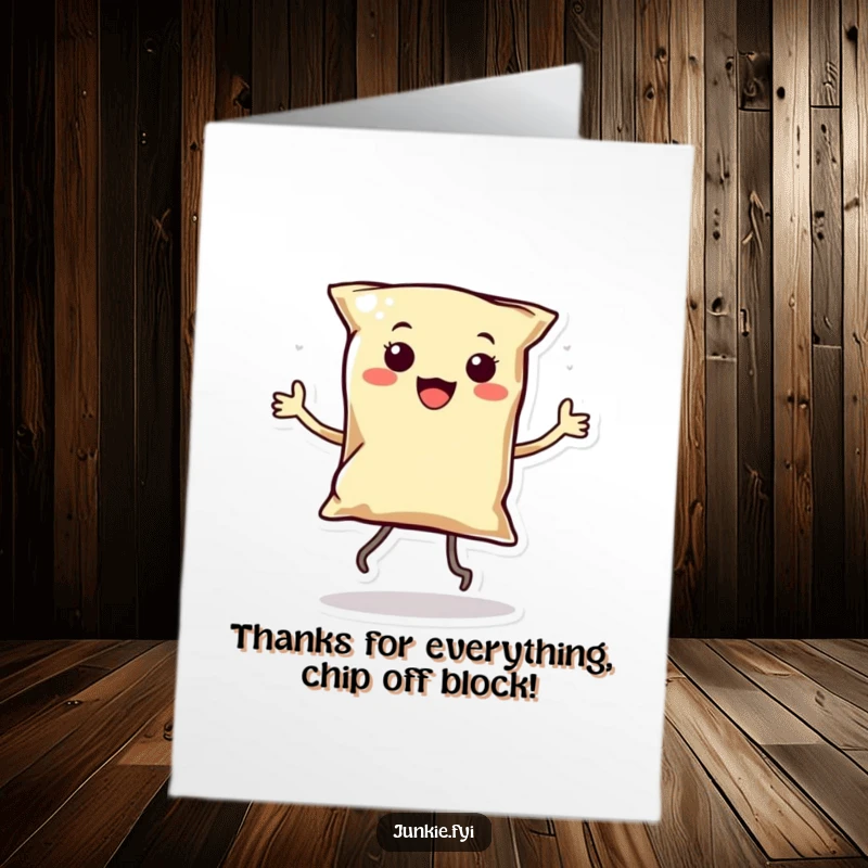 Funny Free Printable Thank You Card: A happy kawaii chip character with tiny legs dancing a jig of appreciation.