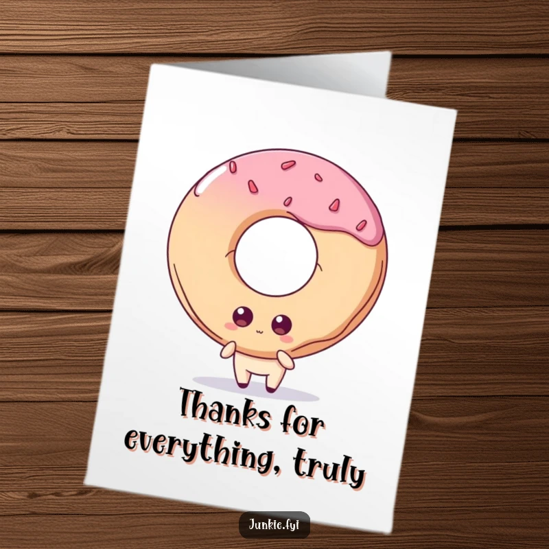 Funny Free Printable Thank You Card: A quirky food character with wide eyes gazes longingly at an enormous doughnut, expressing deep appreciation.