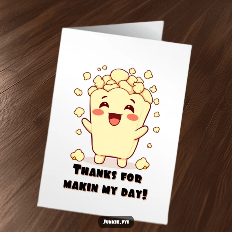 Funny Free Printable Thank You Card: Grinning Popcorn Character Excitedly Showering Itself with Delicious Popcorn.