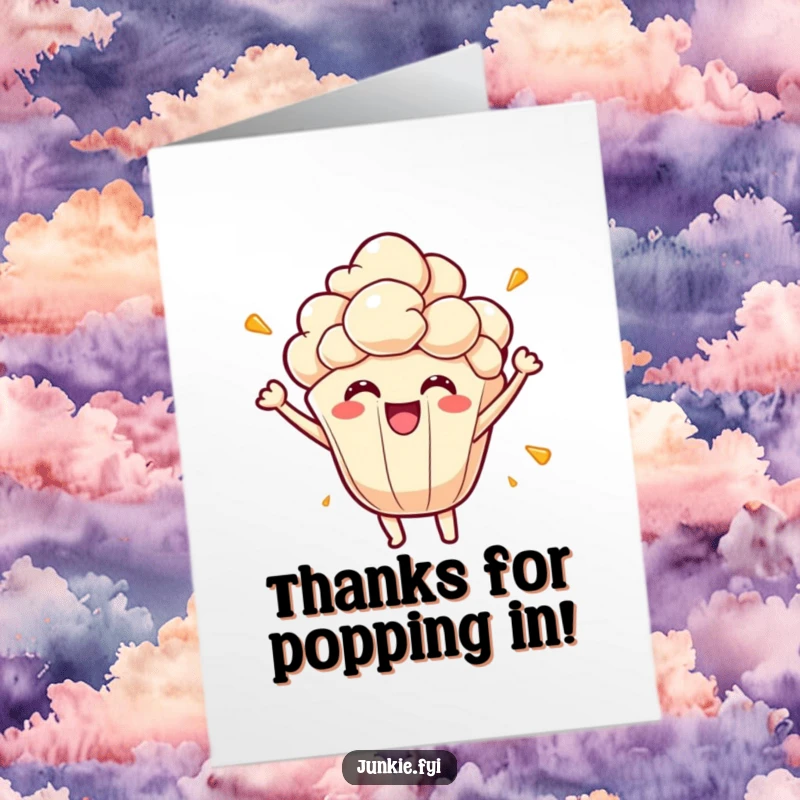 Funny Free Printable Thank You Card featuring a jubilant popcorn kernel character bursting with thankful joy and energetic appreciation.