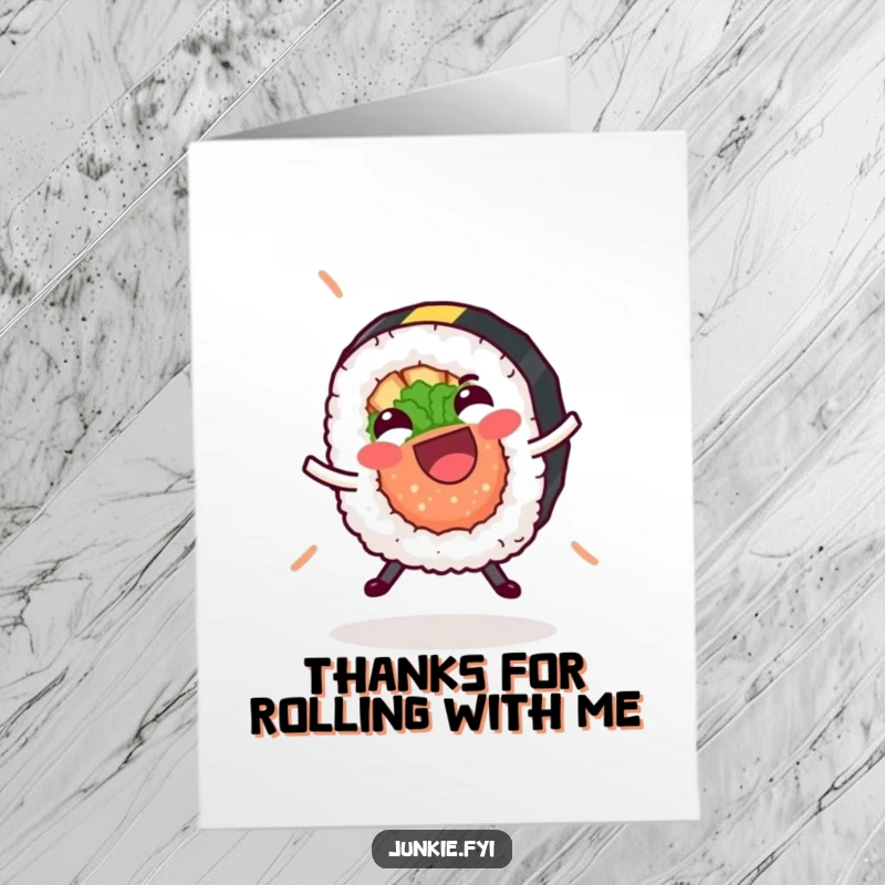 Funny Free Printable Thank You Card showing a delighted sushi roll performing a cartwheel with its nori strip.