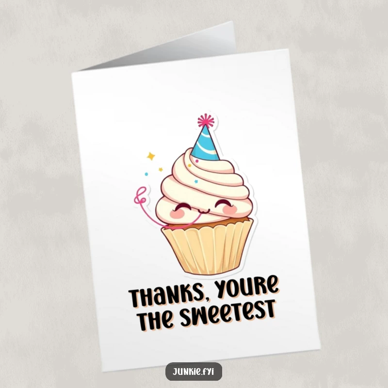 Funny Free Printable Thank You Card: Delighted cupcake character in a party hat blows a streamer, expressing thanks charmingly.