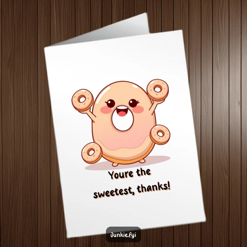 Funny Free Printable Thank You Card: A smiling jelly donut joyfully juggling smaller donuts, expressing thanks.