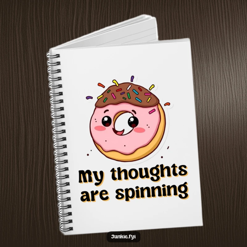 Funny donut character with sprinkle hair spinning rapidly on the cover of a notebook, inspiring energetic note-taking.