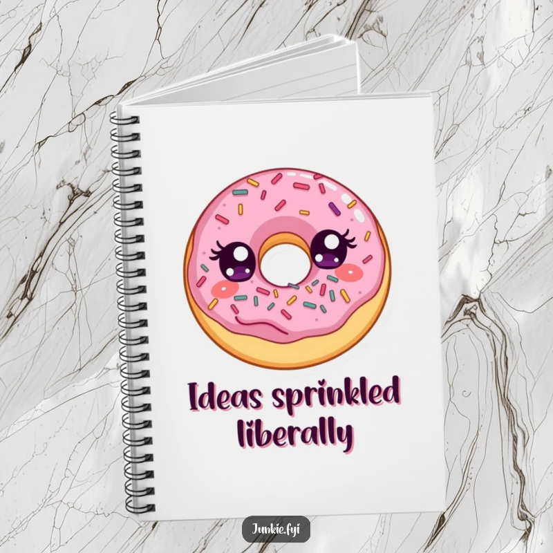 Funny notebook cover featuring a delighted donut with wide eyes, joyfully stuffing its face with a pile of colorful sprinkles.