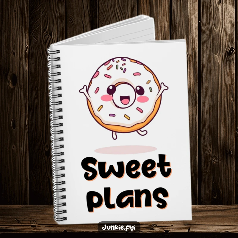 Funny kawaii notebook featuring a happy donut character with sprinkles doing a cartwheel, ideal for notes and creative thoughts.