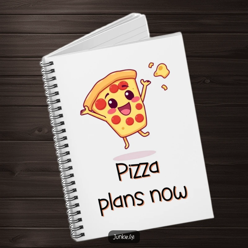 Funny pizza slice character doing a cartwheel with cheese flying, featured on a notebook for cheesy ideas.