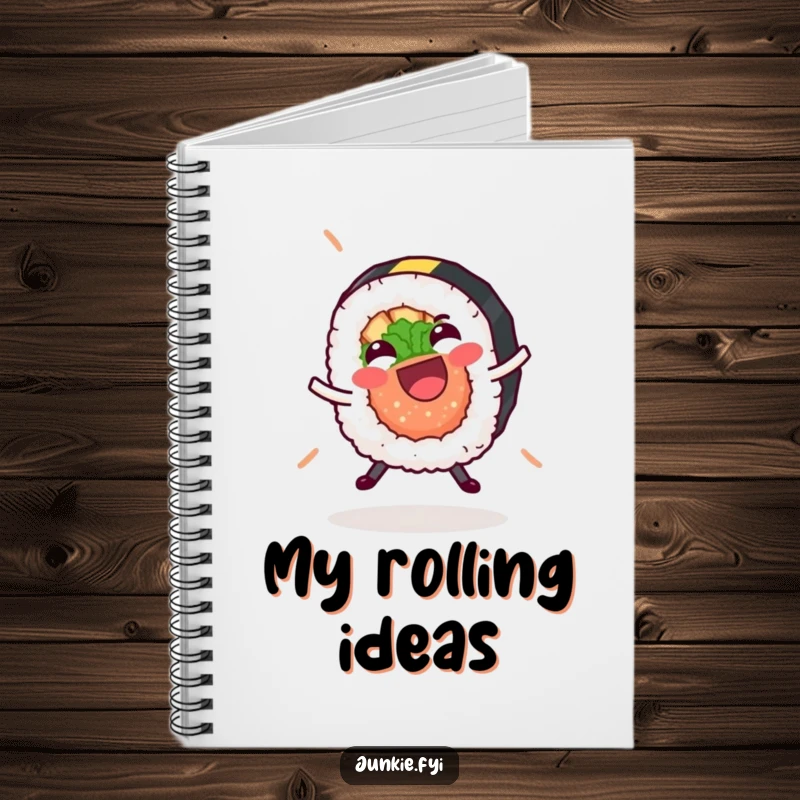 Funny sushi roll notebook, shown doing a cartwheel with its nori strip, great for jotting down funny thoughts.