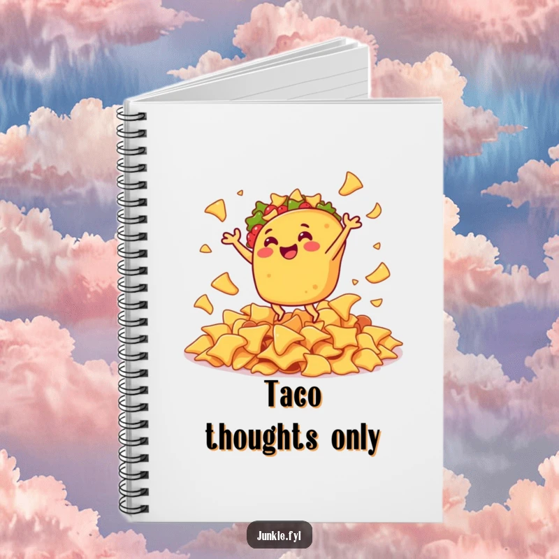 Funny notebook cover featuring a gleeful taco doing a joyful jig amidst a pile of nacho chips.