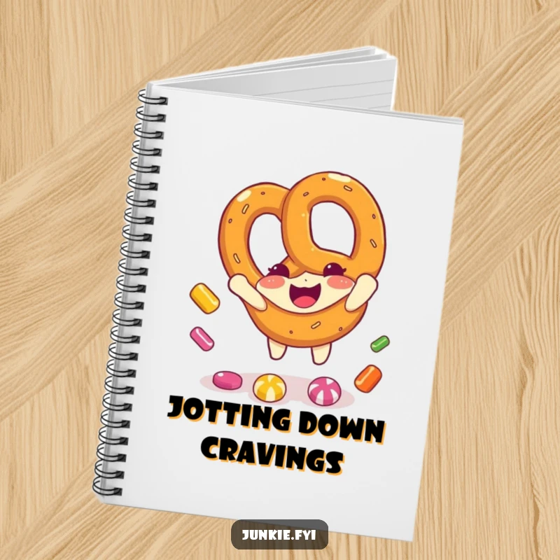 Funny pretzel character enthusiastically catching candy pieces on the cover of a notebook, inspiring fun note-taking.