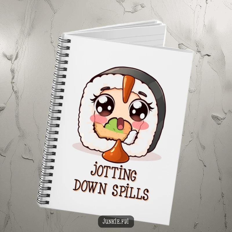 Funny notebook cover featuring a surprised sushi roll with wide eyes, comically trying to catch a falling dollop of soy sauce.