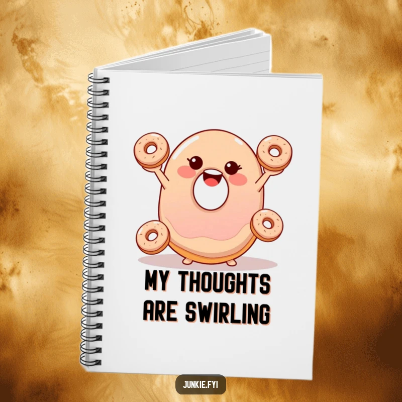 Funny notebook with a smiling, wobbly jelly donut happily juggling three tiny donuts, perfect for sweet notes.