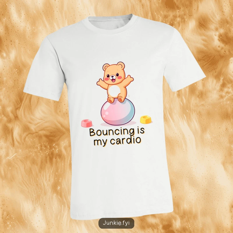 Funny gummy bear character bouncing gleefully on a giant jellybean on a comfortable t-shirt.