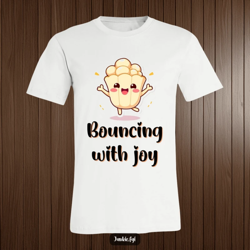Funny Kawaii Popcorn T-Shirt: A cute anthropomorphic popcorn kernel bounces with excitement, making this a fun and funny tee.