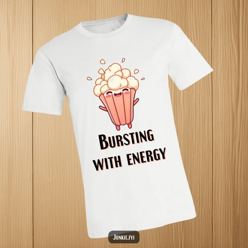 A cheerful popcorn kernel explodes upwards with wild abandon, symbolizing pure fun on a vibrant t-shirt.