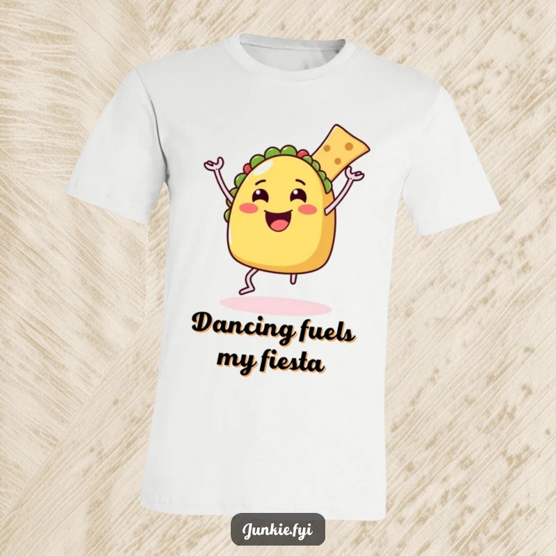 Funny T-Shirt of a jubilant taco with legs enthusiastically dancing alongside a chip, radiating pure, unadulterated joy.