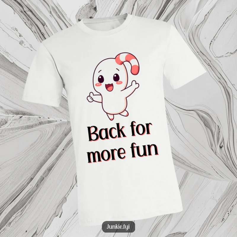 Funny candy cane character boomeranging back to a hand on a t-shirt, depicting playful action and joy.