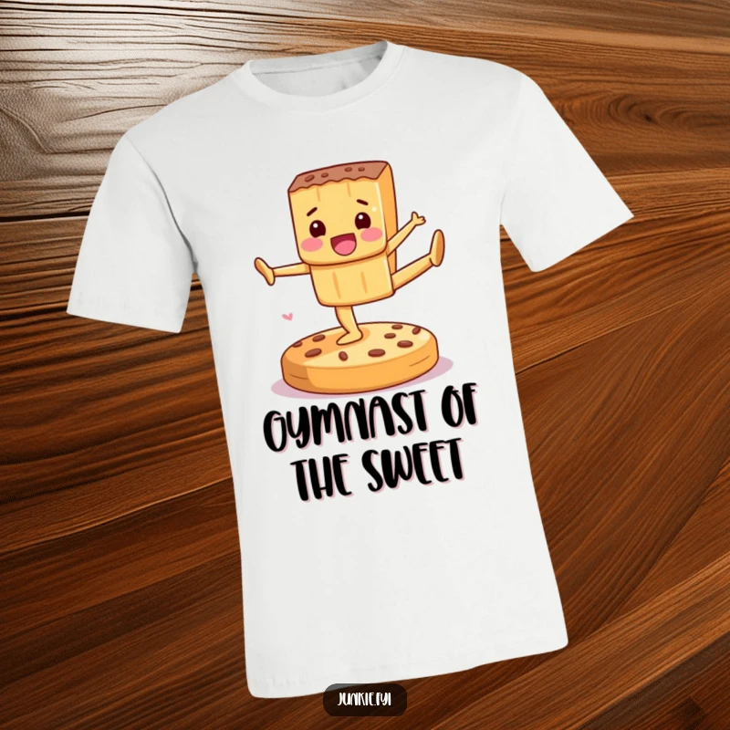 Funny T-Shirt of a delighted candy bar performing impressive gymnastics on a cookie, a celebration of sweet athleticism.