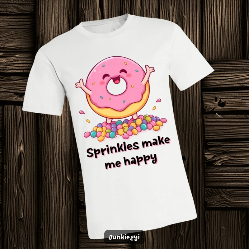 Funny donut character happily bouncing a pile of colorful candies, showcasing pure, sweet fun.