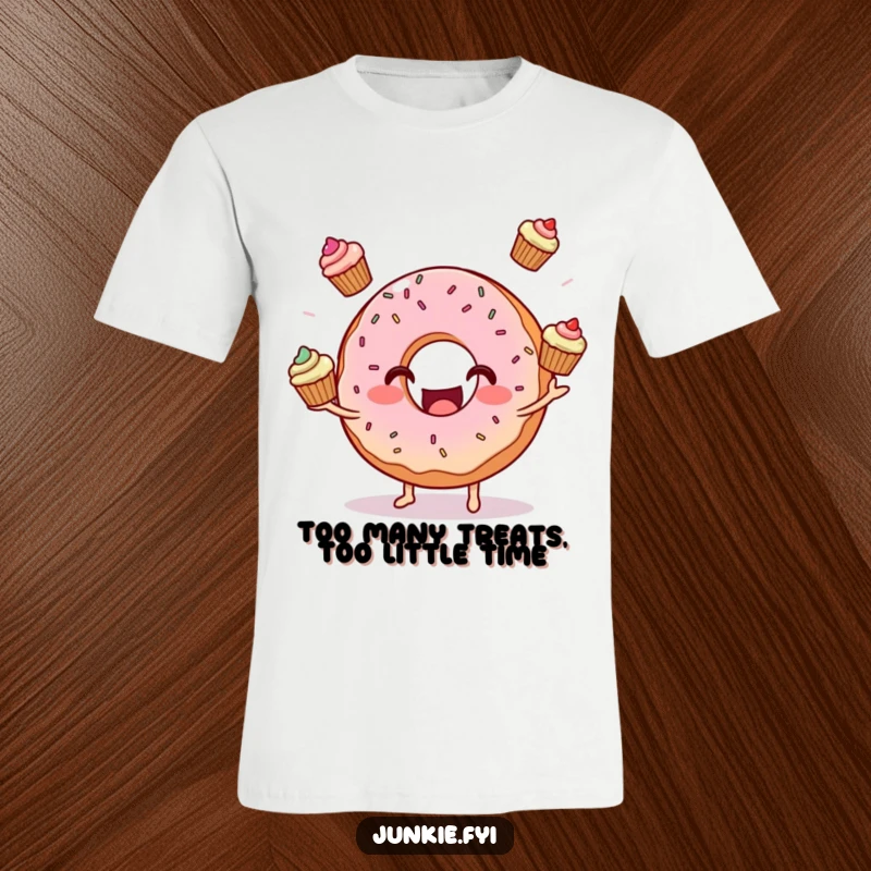 Funny smiling donut with sprinkles excitedly juggling three mini cupcakes on a soft cotton t-shirt, ideal for casual wear.