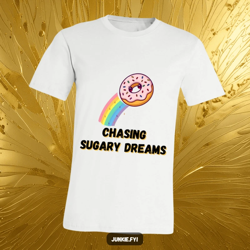 A happy donut slides down a colorful sprinkle rainbow, bringing pure, funny delight to this graphic t-shirt.