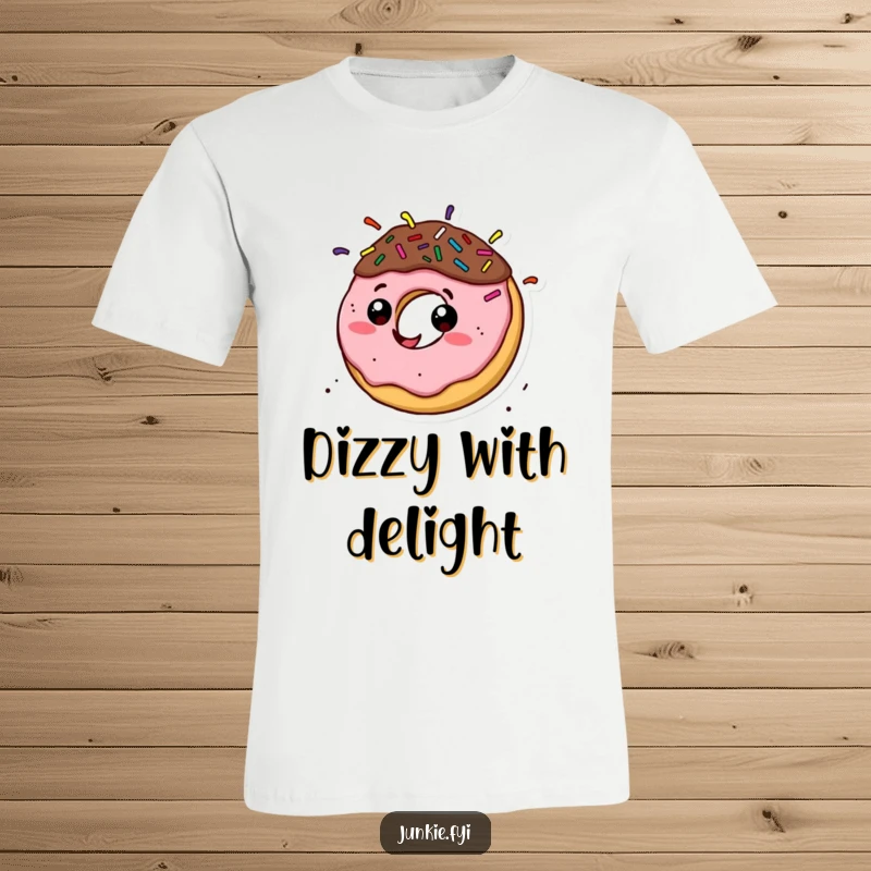 Funny donut character with sprinkle hair spinning energetically on a t-shirt, radiating fun and a positive vibe.