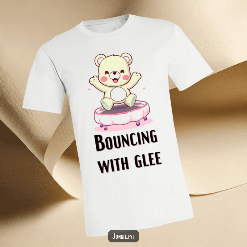 Funny t-shirt depicting a cheerful gummy bear character energetically bouncing on a marshmallow trampoline. Playful and humorous.