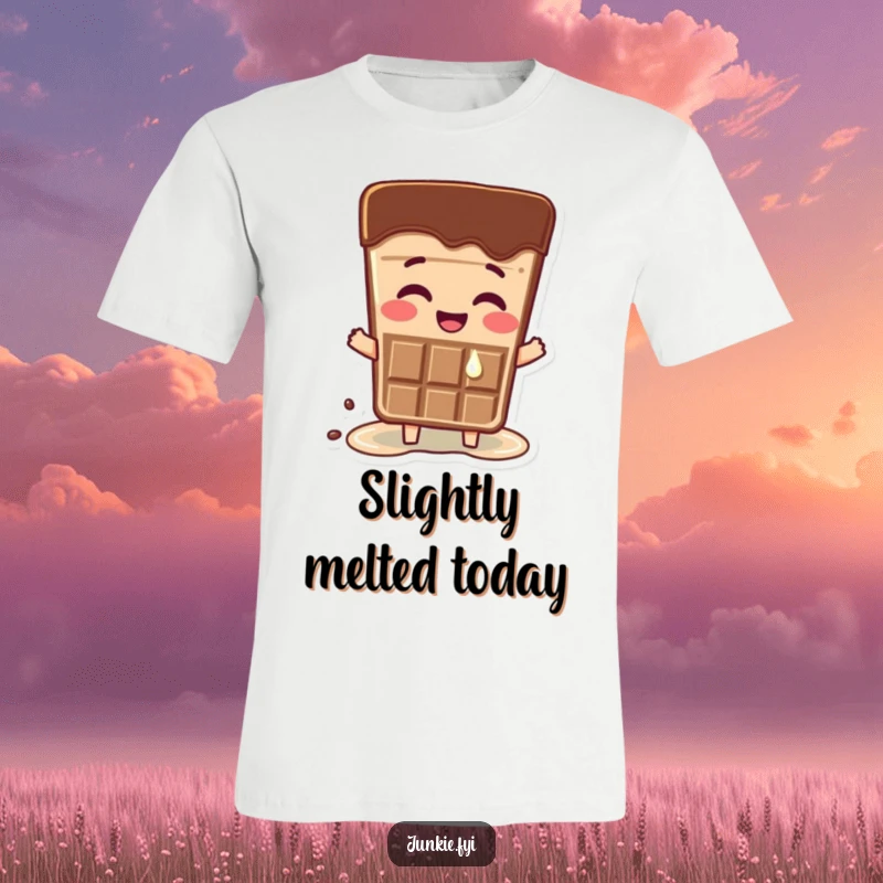 Funny t-shirt featuring a happy chocolate bar character melting slightly due to overwhelming excitement. A sweet and humorous design.