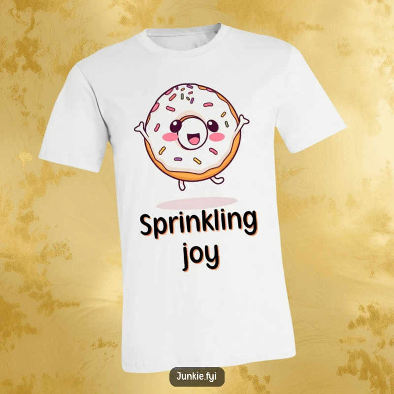 Funny kawaii t-shirt showing a happy donut character with sprinkles performing a joyful cartwheel, full of cheerful energy.