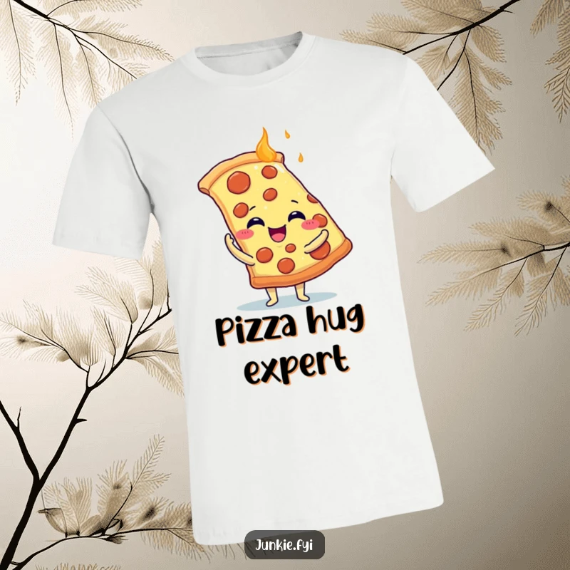 Funny T-Shirt: A happy food character with tiny arms hugs a giant slice of steaming pizza with pure delight.