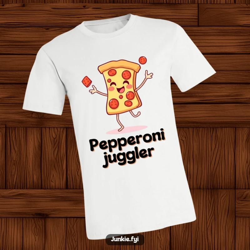 Funny T-Shirt of a cheerful pizza slice with legs gleefully juggling pepperonis, a fantastic wearable treat.