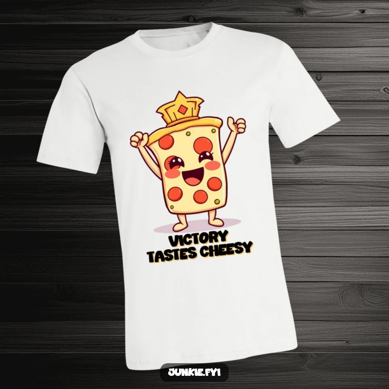 Funny T-Shirt with a jubilant pizza slice character proudly displaying a pepperoni as a trophy, symbolizing cheesy triumph.