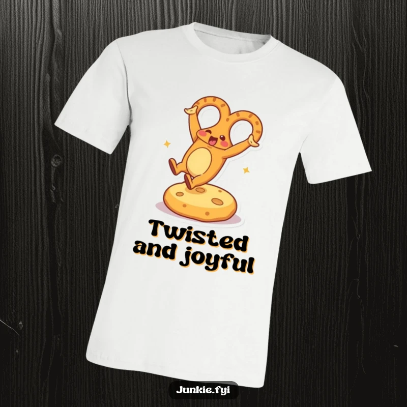 Funny T-Shirt depicting an energetic pretzel character mid-cartwheel on a soft cheese cushion, radiating pure fun and happiness.