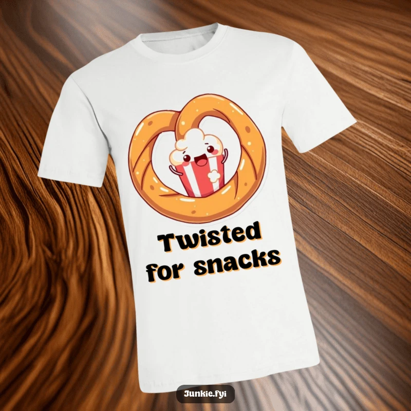 Funny t-shirt showing a joyful pretzel twisting with happiness around a popcorn kernel, celebrating snack time with humor.