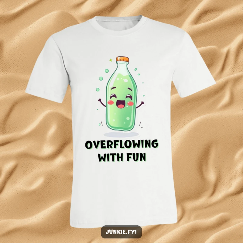 Funny t-shirt showing a thrilled soda bottle character overflowing with fizz and happiness. Playful and humorous.
