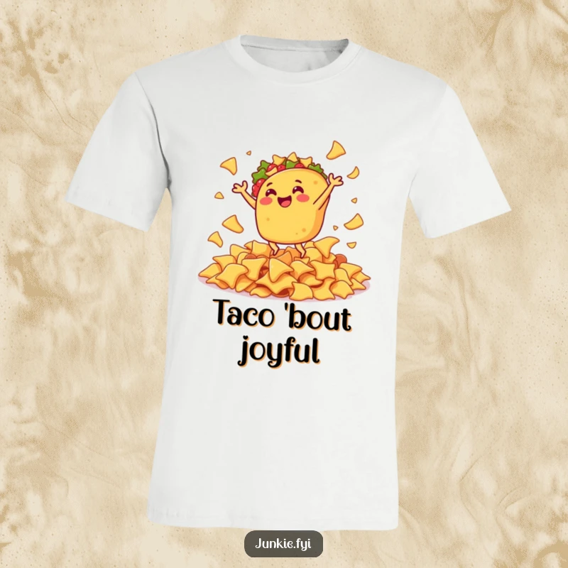 Funny t-shirt showcasing an ecstatic taco performing a joyful jig surrounded by a generous heap of crispy nacho chips.