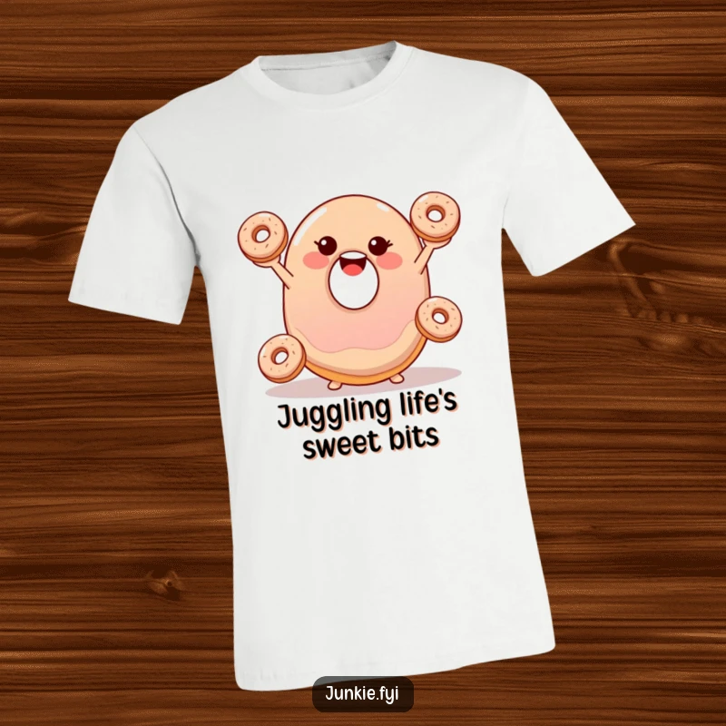 Funny t-shirt featuring a smiling, wobbly jelly donut happily juggling three tiny donuts, a delightful food design.
