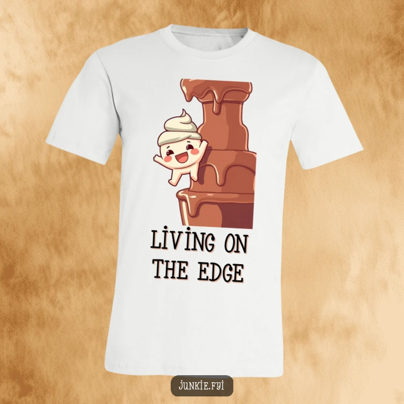 Funny t-shirt: A joyful food character with a wide smile excitedly dangles over a chocolate fountain, highlighting a love for sweet treats.