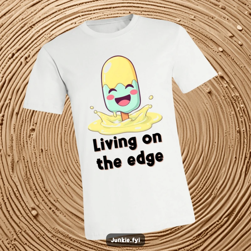 Funny popsicle character laughing and melting joyfully while splashing in a lemonade puddle on a soft t-shirt.