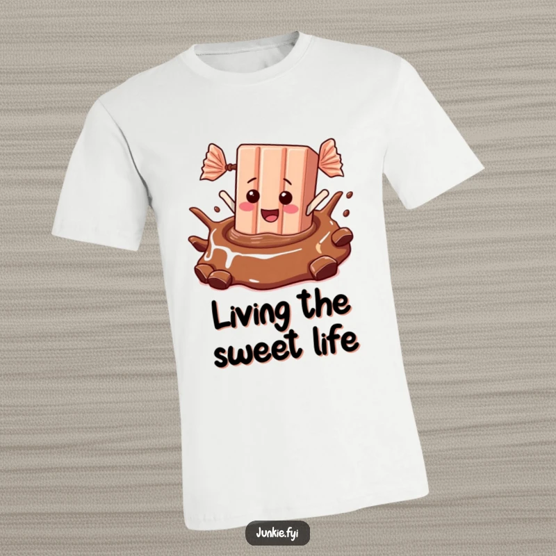 A giddy candy bar takes a triumphant dive into a swirling pool of chocolate, featured on a funny t-shirt.