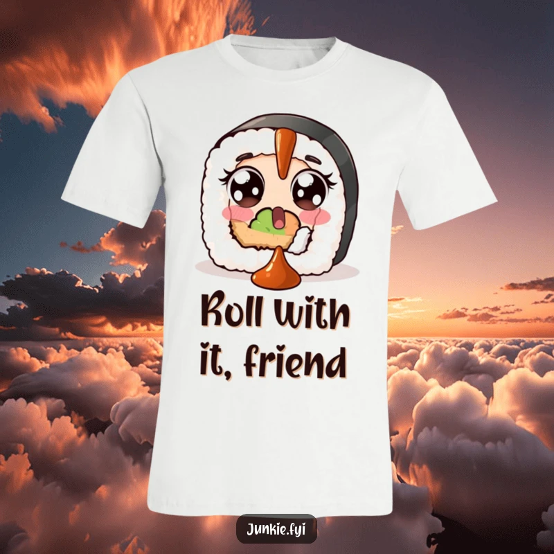 Funny t-shirt depicting a wide-eyed sushi roll in disbelief, attempting to catch a descending dollop of soy sauce.
