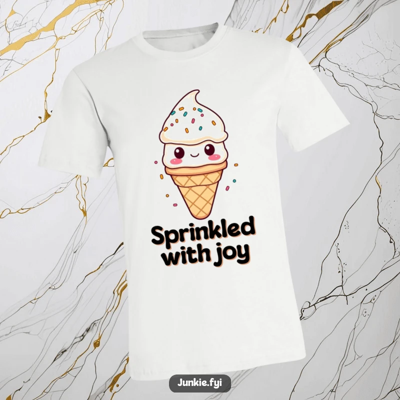 Funny t-shirt depicting a content ice cream cone character happily receiving a shower of colorful sprinkles. Sweetly hilarious.