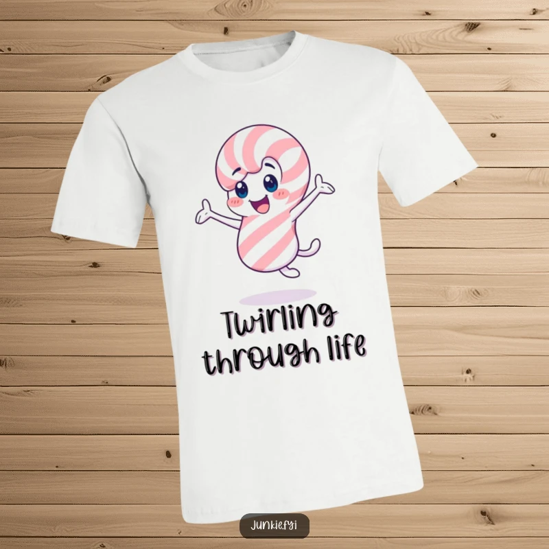 Funny candy cane t-shirt, a cheerful character twirling enthusiastically, ready for festive celebrations.