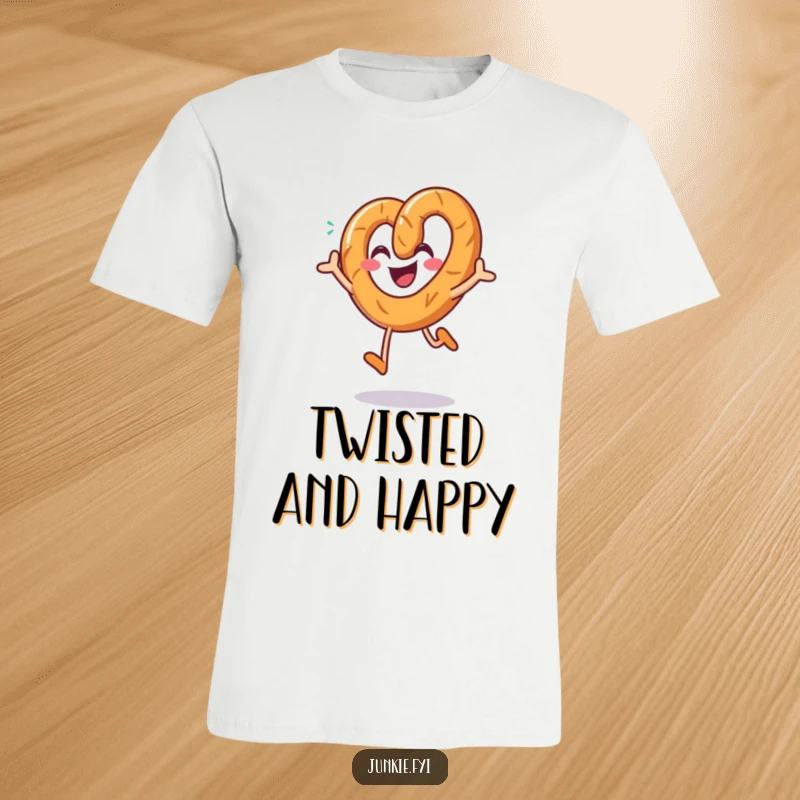 Funny pretzel t-shirt, a smiling character joyfully jumping with a sprinkle of salt, a happy and salty design.