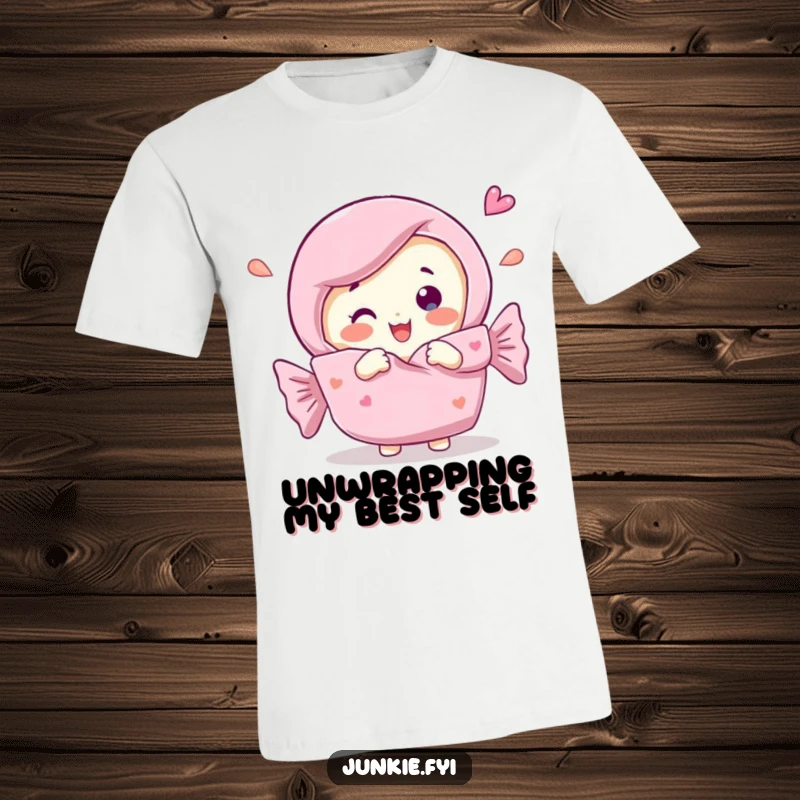 Funny T-Shirt showcasing a happy candy bar character joyfully peeling its own wrapper, radiating pure delight and tasty fun.