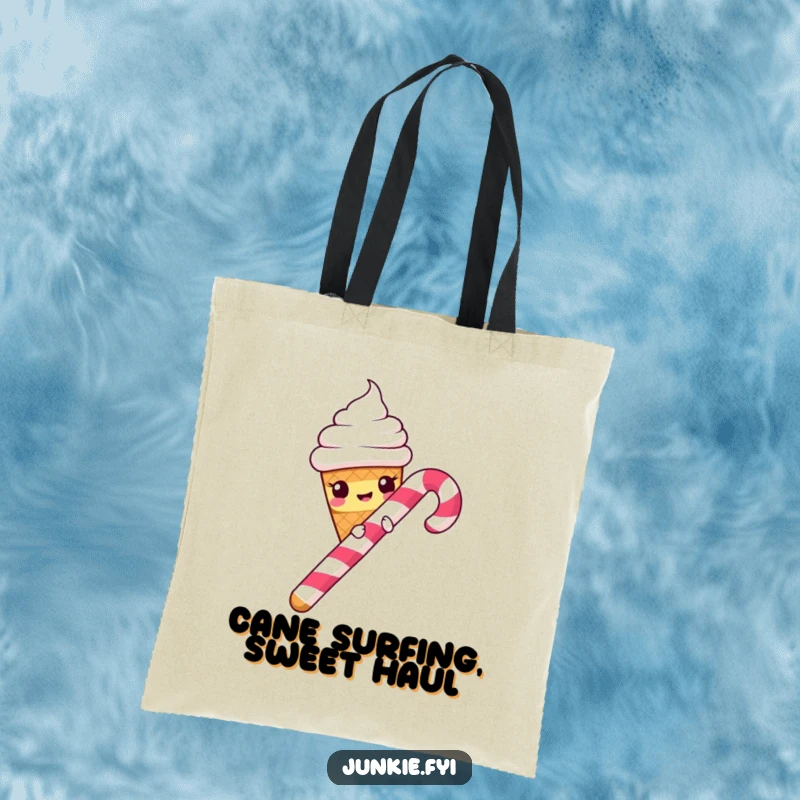 Funny Tote Bag: A mischievous ice cream cone sliding down a candy cane, a whimsical and charming accessory for daily use.