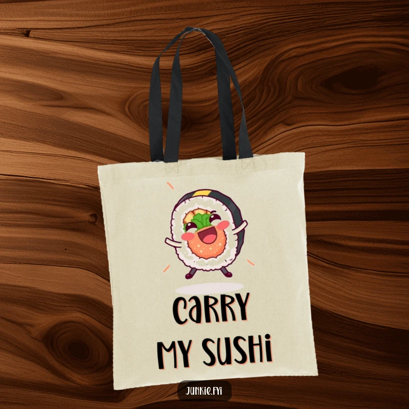 Funny sushi roll tote bag, joyfully performing a cartwheel with its nori strip, a whimsical and humorous grocery bag.