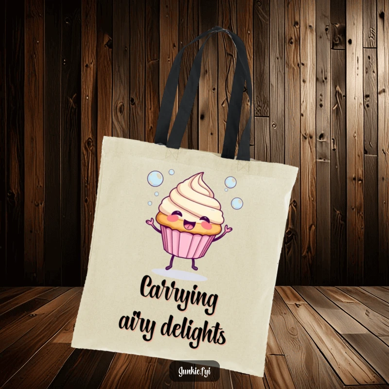 Funny Tote Bag: A spunky cupcake with legs joyfully blows bubbles, a charming and practical accessory.